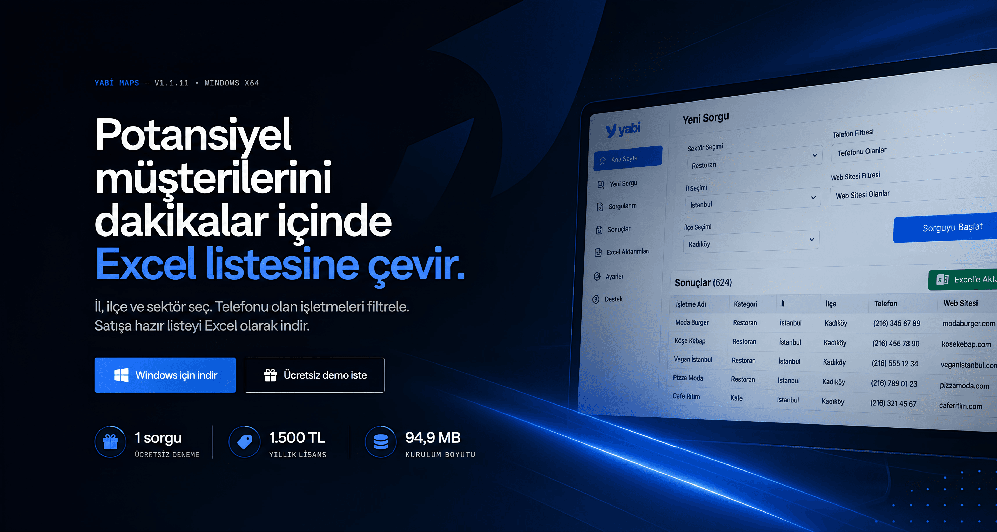 Yabi Maps — potansiyel müşterilerini dakikalar içinde Excel listesine çevir