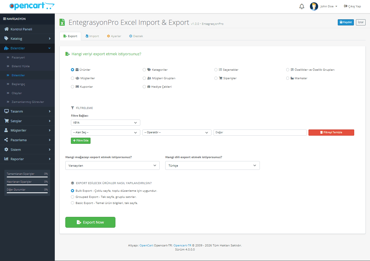 OpenCart Excel import export modulu