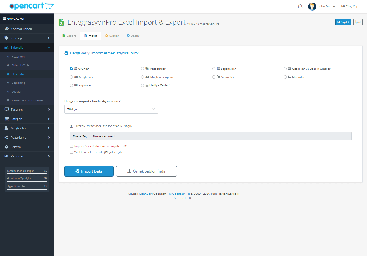 OpenCart Excel import export modulu ekran goruntusu 2
