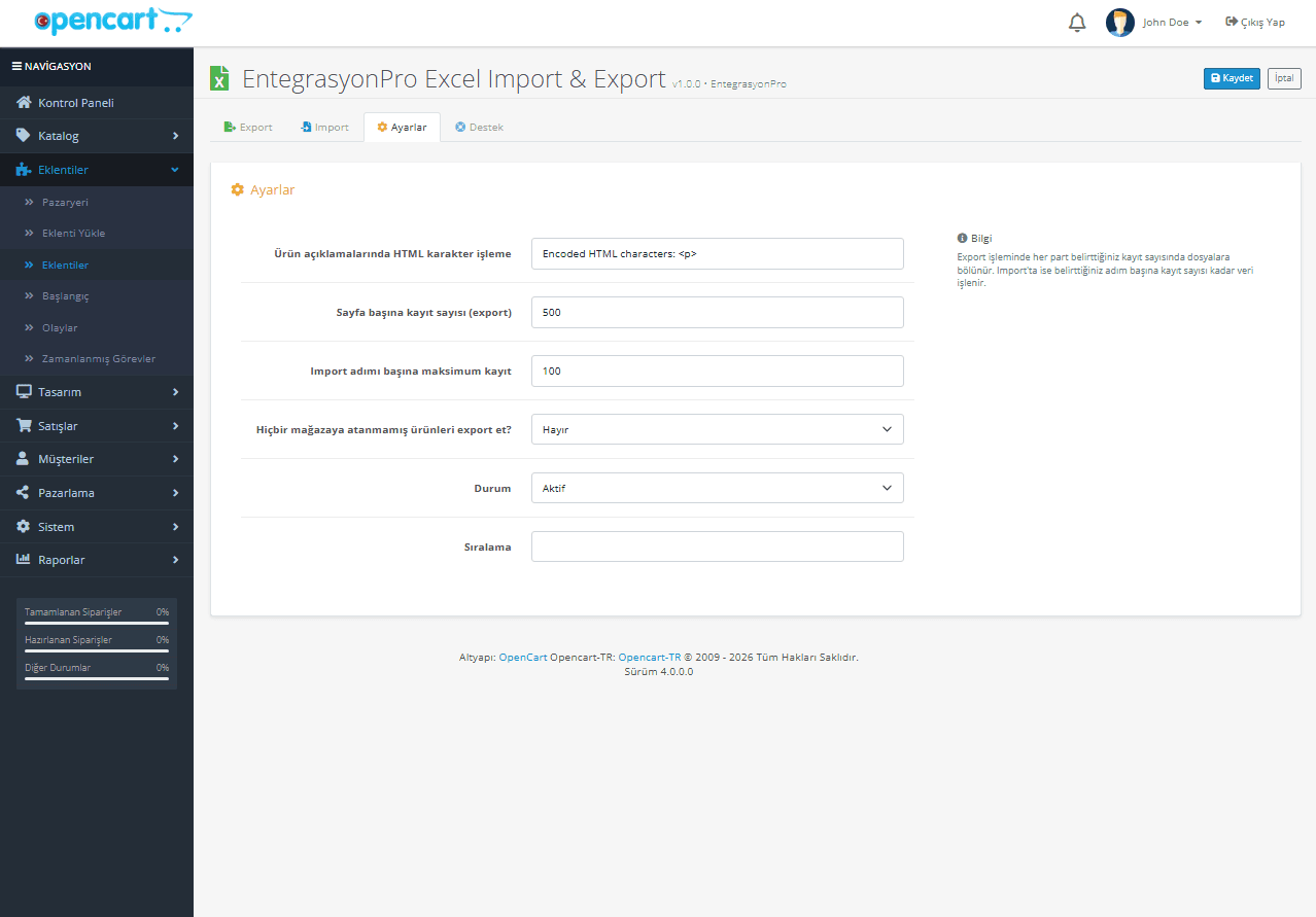 OpenCart Excel import export modulu ekran goruntusu 3