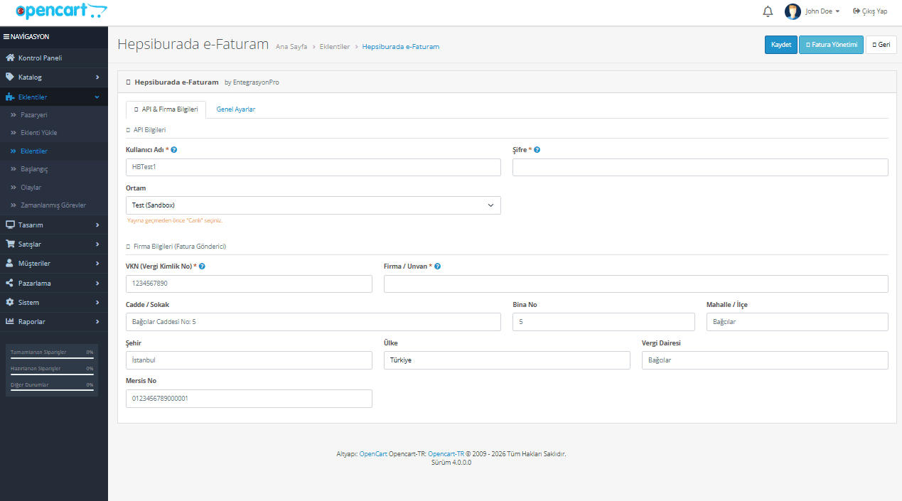 OpenCart Hepsiburada e-Fatura entegrasyonu