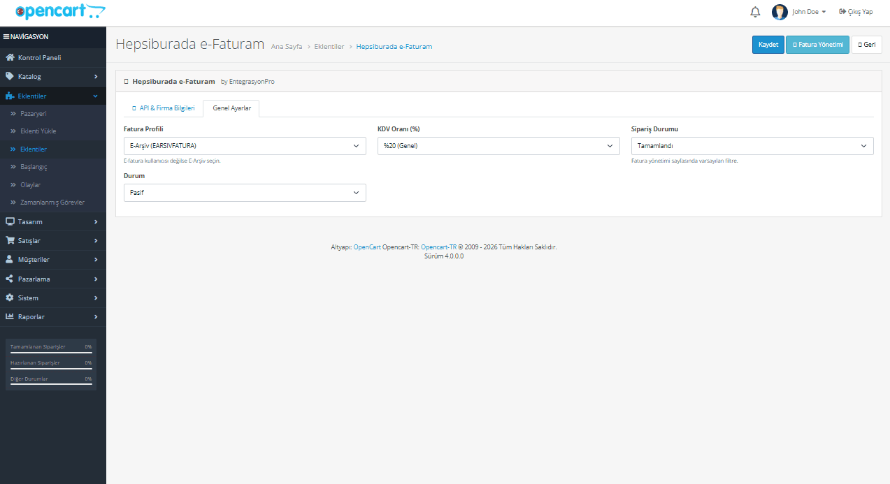 OpenCart Hepsiburada e-Fatura entegrasyonu ekran goruntusu 2