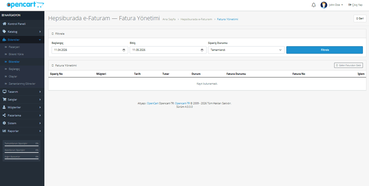 OpenCart Hepsiburada e-Fatura entegrasyonu ekran goruntusu 3
