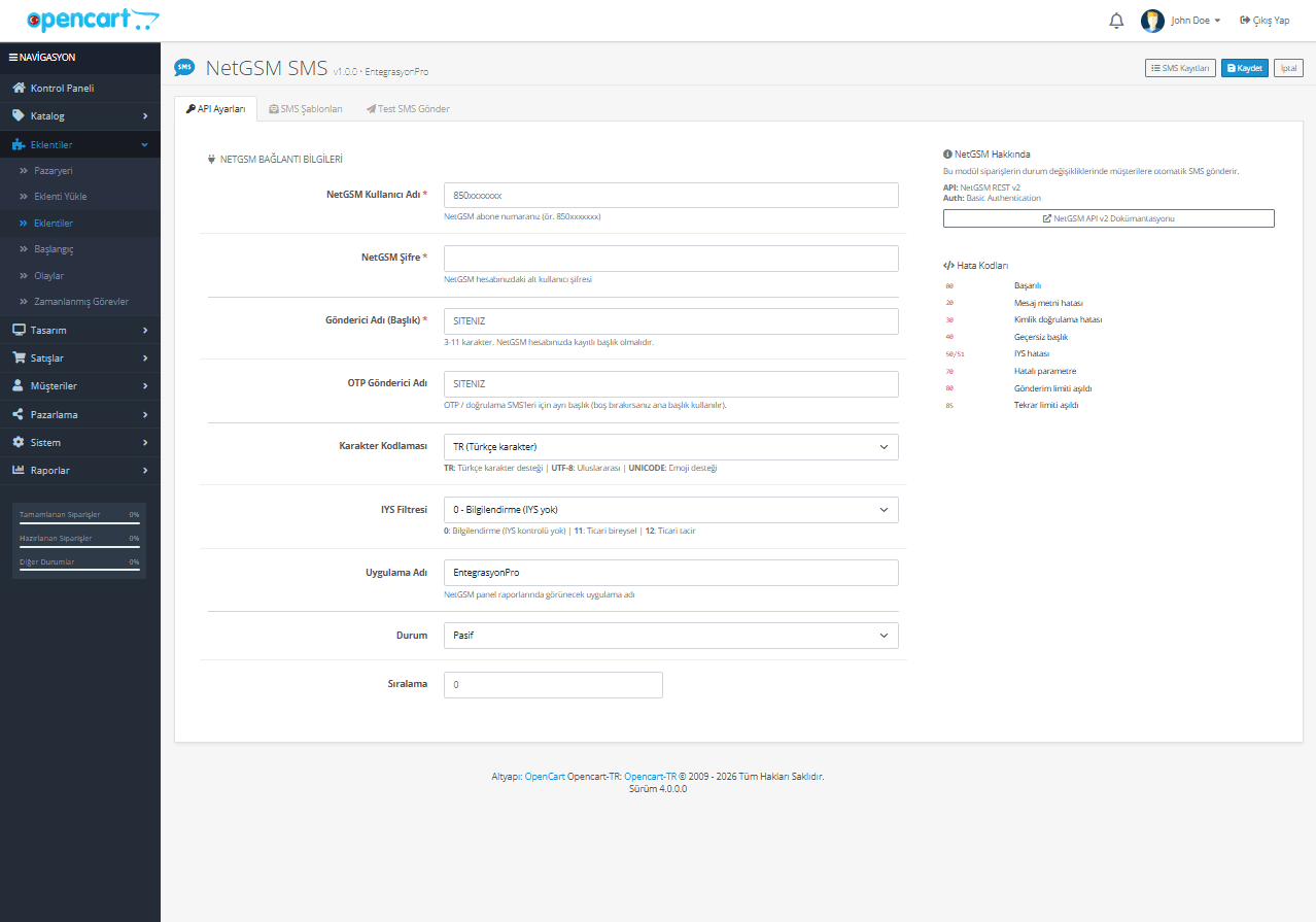 OpenCart NetGSM SMS entegrasyonu