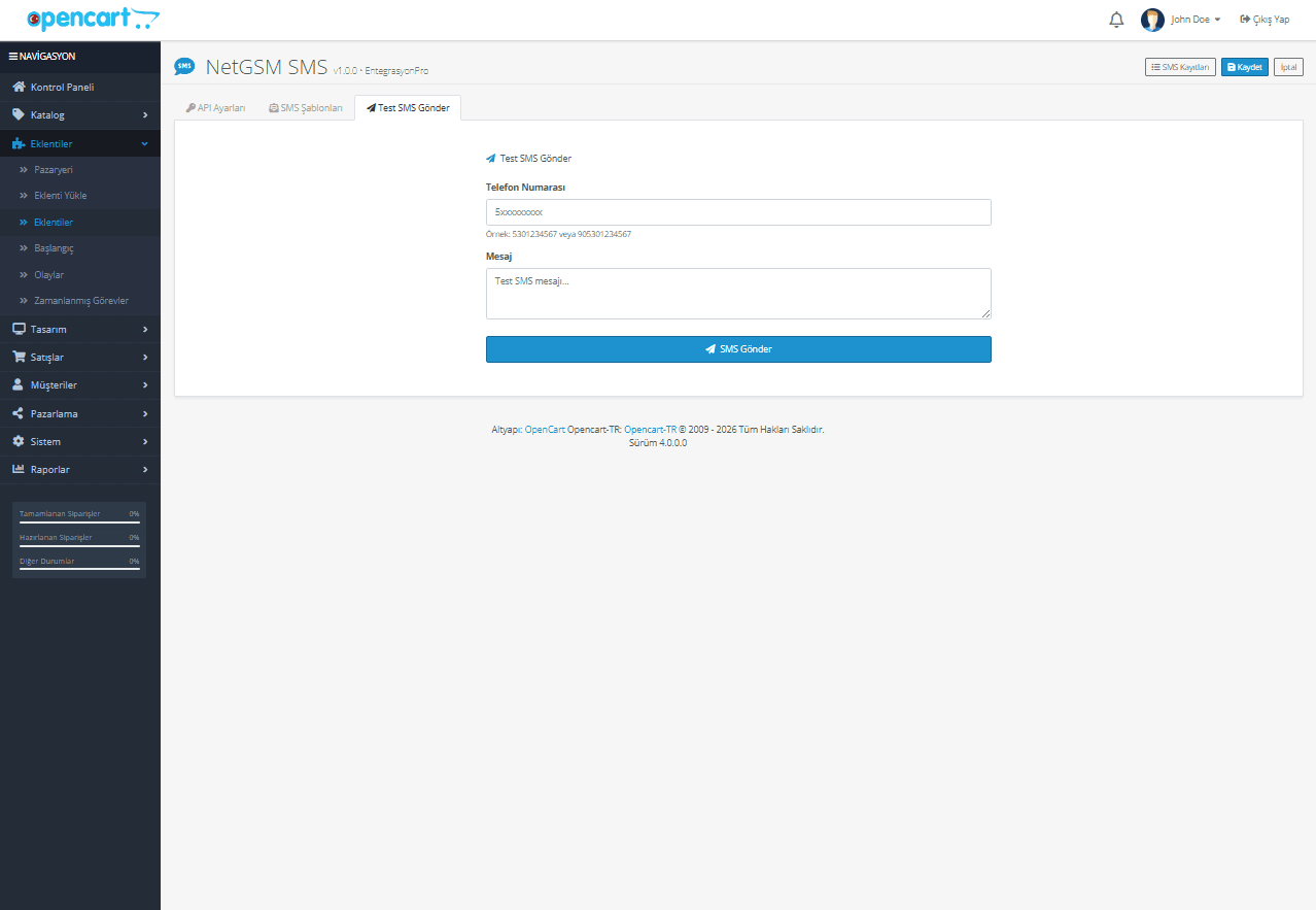 OpenCart NetGSM SMS entegrasyonu ekran goruntusu 3
