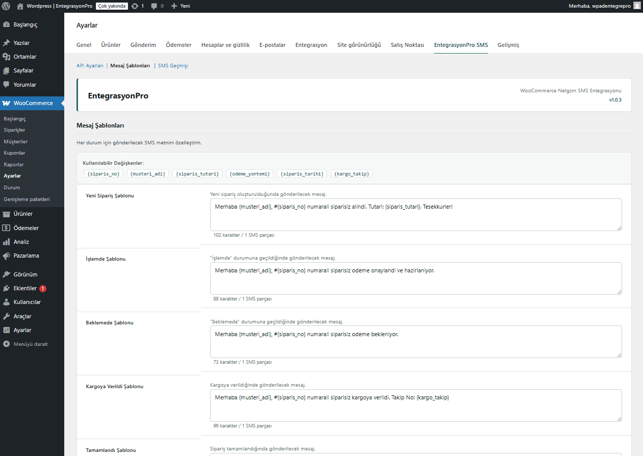 WooCommerce NetGSM SMS entegrasyonu ekran goruntusu 2